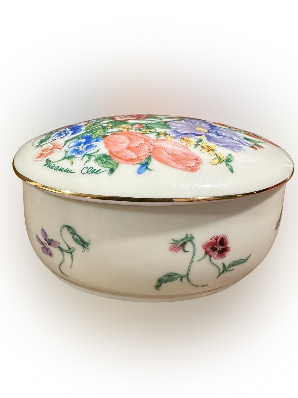 Floral Porcelain Trinket Box - White with Multicolor Flowers
